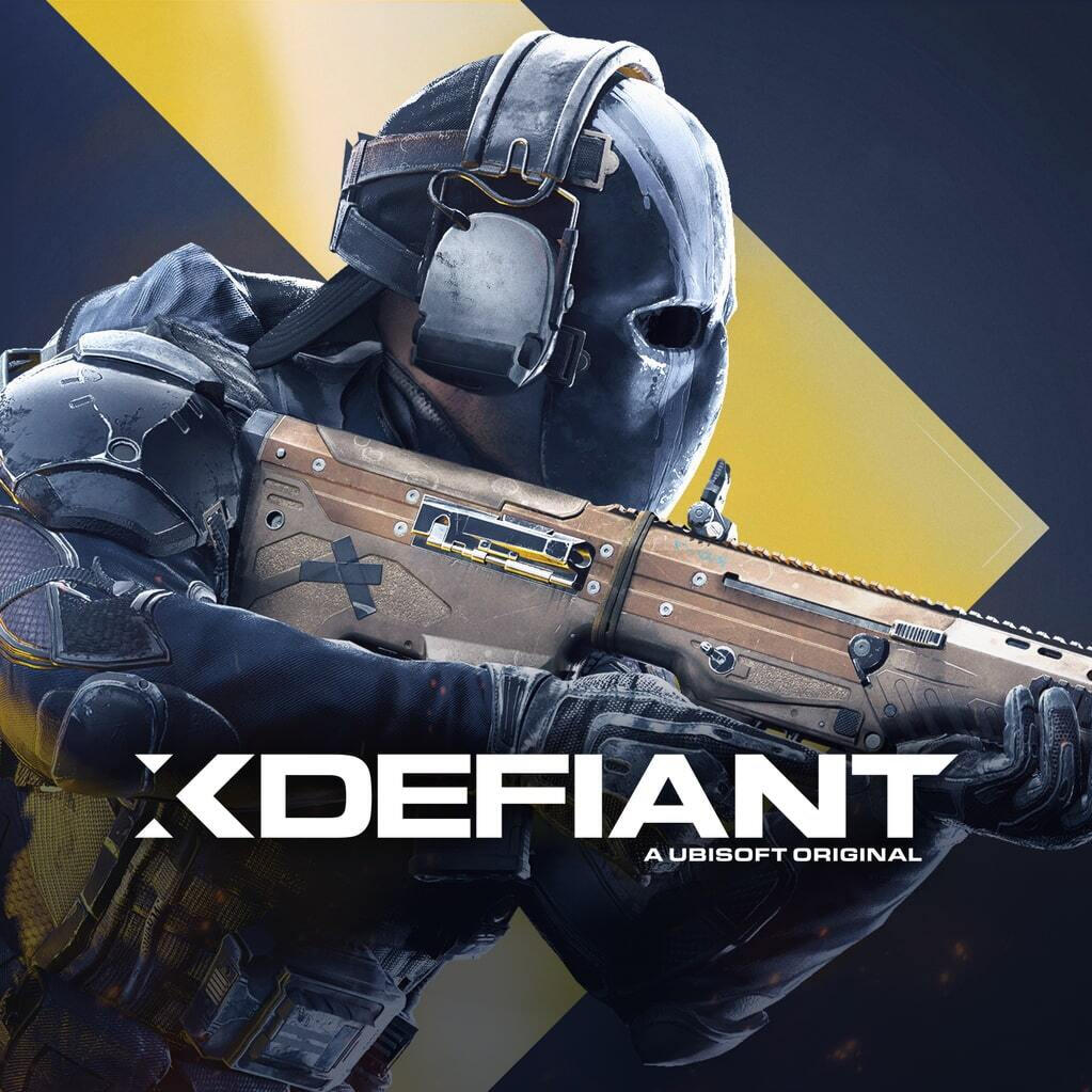 Cover art for XDefiant, a Phantom is holding a gun in front of a yellow cheveron